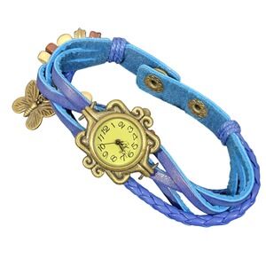 Vintage-Style Blue Leather Wrap Bracelet Watch With Butterfly Charm & Beads